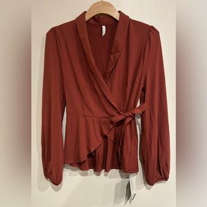 NWT Shawl Collar Wrapped Tie Side Ruffle Hem Work Blouse Size Small Rust